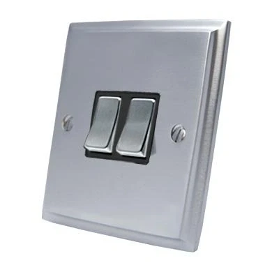 Image of Light Switch Double 2 Gang Satin Matt Chrome Victorian Black Insert Metal Rocker 10 Amp Way