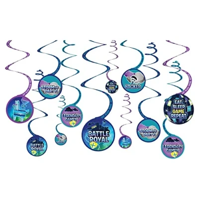 Image of Amscan 6702412 Kids Battle Royal Gamers Birthday Hanging Swirls Decorations 12 Pack