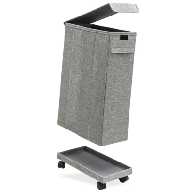 Image of DuneDesign 20 cm Narrow Laundry Basket on Wheels 50L Sturdy Wooden Frame 20x40x60 with Lid Slim Hamper Washing Small Wash Clothes Linen Bin