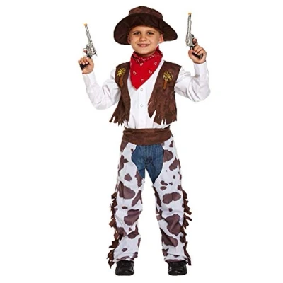 Image of HENBRANDT Children’s Cowboy Fancy Dress Costume with Hat and Chaps Kids Sheriff Western Outfit Pretend Play Size Medium Ages 7 9 for Boys Girls