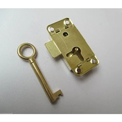 Image of Ironmongery World® VINTAGE RETRO OLD STYLE BRASS WARDROBE LOCK Cupboard Drawer Cabinet Door Catch (50mm/2&quot; SMALL + kEY)