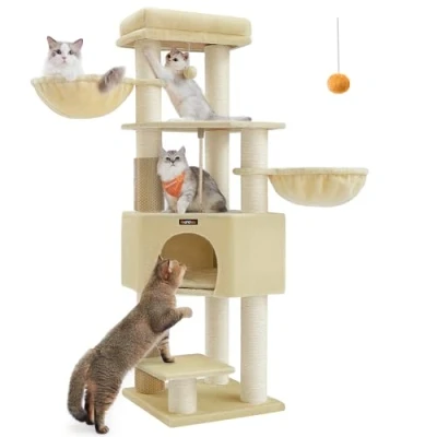 Image of Feandrea Cat Tree for Large Cats, Heavy Duty Tower with Self Warming Pads, 2 Groomers, 9 Scratching Posts, Perch, Cave, Baskets, 50 x 160 cm, Sand Beige and PCT003Y01