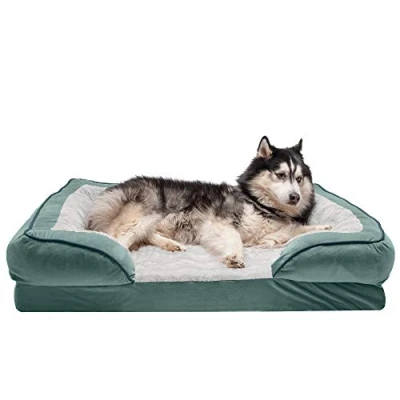 Image of Furhaven XL Memory Foam Dog Bed Perfect Comfort Plush &amp; Velvet Waves Sofa Style w/Removable Washable Cover Celadon Green, Jumbo (X Large)