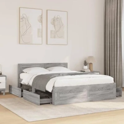 Image of vidaXL Bed Frame Engineered Wood, Grey Sonoma Small Double 193x123x69 cm, with Headboard and Storage Drawers