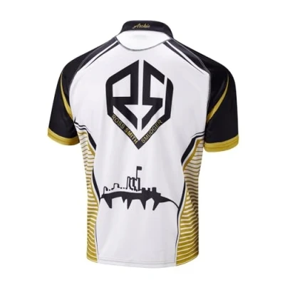 Image of Unicorn Darts Shirt Ross &#039;Smudger&#039; Smith Premier Cool Breathable Soft Feel Micro Mesh 3 Tuk Polyester Black, White and Gold Button Front XXXXL To fit chest 53 56 inches