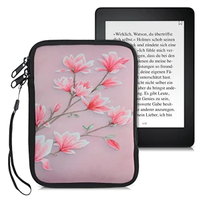 Image of kwmobile Neoprene e Reader Pouch Size 6&quot; eReader Universal eBook Sleeve Case with Zipper, Wrist Strap Pink/White/Dusty Pink