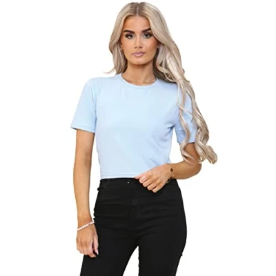 Image of 989Zé ENZO Womens Short Sleeve Crop Top Round Neck T Shirt Fashion Tee EZLTS593 Tshirt Sky Blue S