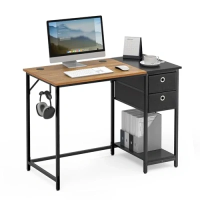Image of Mondeer Computer Desk, Office Desk with 2 Drawers and Storage Shelf on Left or Right, 100 x 50 76cm, Industrial Style, Home Workstation Study, Rustic Brown Black