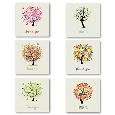 Image of Thank You Cards Multipack of 36. Each Greeting Pack includes 6 Tree designs. 115 x 115mm. Blank Inside. Envelopes included. Made in UK.