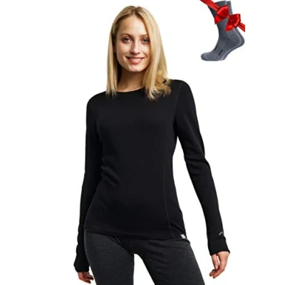 Image of Merino.tech Merino Wool Base Layer Women 100% Midweight Long Sleeve Thermal Shirts + Socks (Small, Black 250)