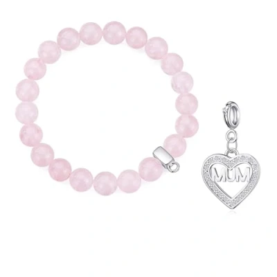 Image of Philip Jones Rose Quartz Gemstone Bracelet with Mum Heart Charm Created Zircondia® Crystals