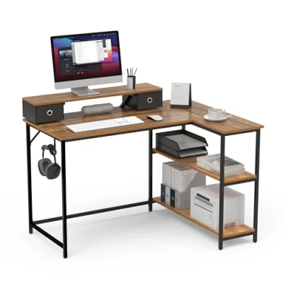 Image of Mondeer L Shaped Desk 120cm, Corner with Storage Shelves Reversible, Removable Monitor Stand 2 Drawers, Industrial Style for Home Office Workstation Small Space, Rustic Brown