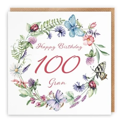 Image of Hunts England Gran 100th Birthday Card Happy 100 Meadow Collection Flowers, Butterflies, Pretty