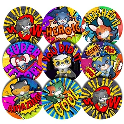Image of 144 Hero Comic Animal Praise Words 30mm Glossy Reward Stickers