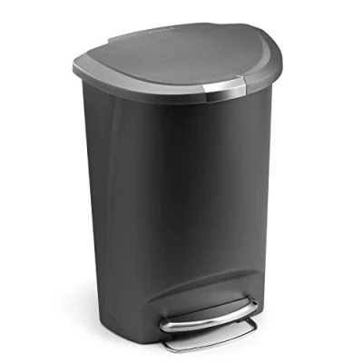 Image of simplehuman CW1357 50L Semi Round Kitchen Pedal Bin with Lid Lock, Silent Soft Close Lid, Strong Steel Pedal, Stay Open Large Capacity, Grey Plastic