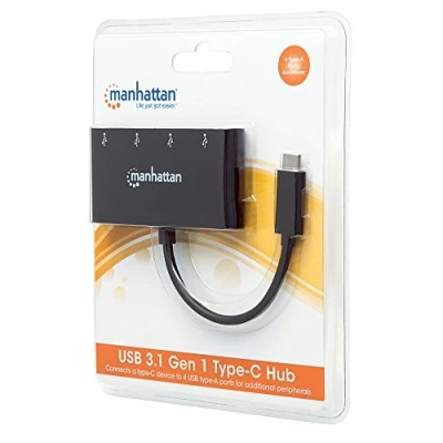 Image of Manhattan USB C Dock/Hub, Ports (x4): A (x4), 5 Gbps (USB 3.2 Gen1 aka 3.0), External Power Supply Not Needed, Cable 20cm, SuperSpeed USB, Black, Three Year Warranty, Blister