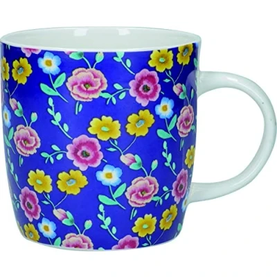 Image of KitchenCraft China 425ml Barrel Shaped Mug, Navy Floral