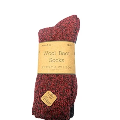 Image of Berry &amp; Wilson 3 Pairs men’s Comfort Wool Boot Socks, Red / Blue Grey Marl, One Size