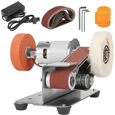 Image of SI FANG Electric Belt Sander Portable Sanding Machine Kit, 7 Speed Mini Bench Grinder Sharpener, 15 Degrees for Knife Making Sharpening, Woodworking DIY Crafts Metal Polishing Grinding, UK Plug
