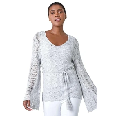 Image of Roman Shimmer Crochet Tie Stretch Knit Jumper for Women UK Ladies Spring Everyday Summer Holiday V Neckline Comfy Long Sleeve Soft Drawstring Detail Top Relaxed Sweaters Silver Size 14