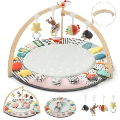 Image of Foldable Baby Play Mat Activity Gym, 6 Developmental Zones Tummy Time Mat, Wooden Playmats &amp; Floor Gyms with 7 Detachable Sensory Toys for Newborn Brain Development, Essentials Shower Gifts