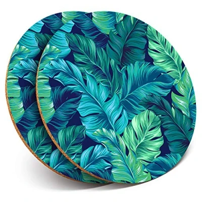 Image of 2 x Round Coasters Turquoise Green Tropical Leaves Surf Cork Backed Home Kitchen Accessory Tea Coffee Mug Mat #24337