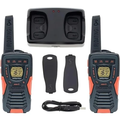 Image of Cobra AM1055 Pack of 2 Floating Waterproof Walkie Talkies with Built in LED Flashlight, VOX, VibrAlert, up to 12Km Range, over 968 Channels, Power Saving Function, and rechargeable batteries Black
