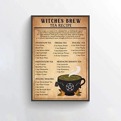 Image of Witches Brew Tea Recipe Poster Guide Art Witch Magic Knowledge Wall Kitchen Decor Metal Tin Sign 8x12 inch