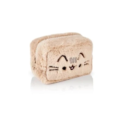 Image of Pusheen Womens Fluffy Makeup Bag Ladies All Over Fur with Embroidered Logo in Tan Classic Zip Cosmetic Storage Cat Apparel Container Ample Animated Character Merchandise Gift
