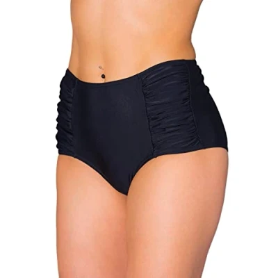 Image of Aquarti Women&#039;s High Waist Bikini Bottom with Side Shirring, Black, 12