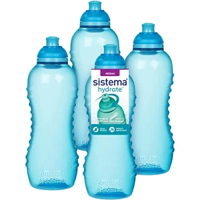Image of Sistema Squeeze Twist &#039;n&#039; Sip Sports Water Bottles 460 ml Leakproof Kids BPA Free Blue 4 Count