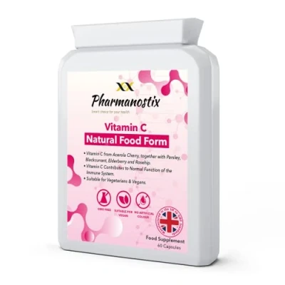Image of Natural Food Vitamin C 60 Capsules Immune Support &amp; Fatigue Reduction Containing Acerola Cherry, Rosehip, Blackcurrant and Elderberry Gentle Non Acidic Optimum Absorption UK Manufactured