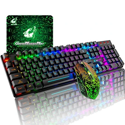Image of T3 Upgrade Wireless Keyboard Mouse Combo, Rainbow Backlit 2.4G Rechargeable Mechanical Feel Gaming + 2400DPI 6 Buttons Optical LED Free Pads (Black)