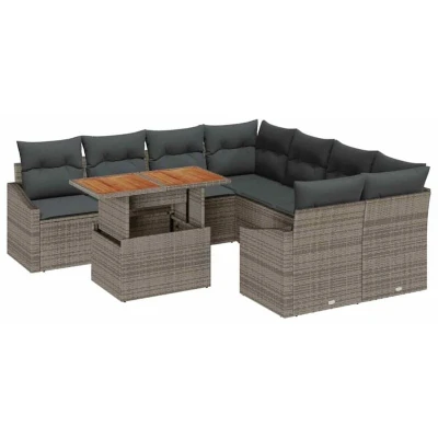 Image of vidaXL 9 Piece Garden Sofa Set with Cushions Grey Poly Rattan