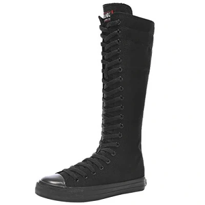 Image of ANUFER Girl&#039;s Women&#039;s Knee High Canvas Boots Lace up Zip Flat Sports Shoes F888 Pure Black UK5