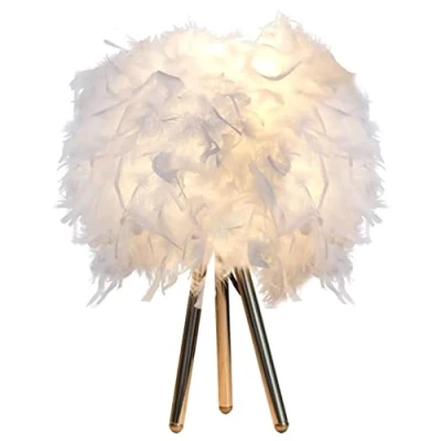 Image of White Feather Table Lamp Bedside with Gold Metal Triptych Support Rod Light Desk Lampshade for Bedroom, Living Room, Home Decoration