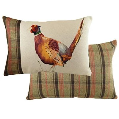 Image of Evans Lichfield Hunter Pheasant Rectangular Tartan Feather Filled Cushion Multicolour One Size