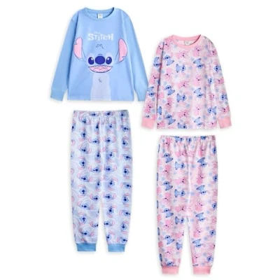 Image of Disney Lilo &amp; Stitch Girls Pyjama Set Pack of 2 Kids Blue Pink Angel Graphic All Over Print Nightwear Childrens Character Long Sleeve Top Leg PJ Bottoms Movie Merchandise Gift