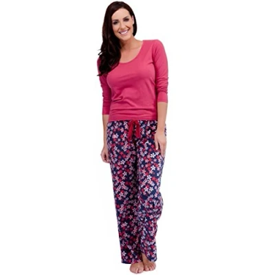Image of Tom Franks Ladies Owl and Blossom Print Pyjama Set (UK 12 14, Navy/Red)