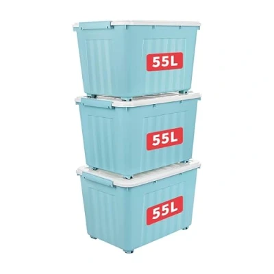 Image of Cetomo 55L*3 Aufbewahrungsboxen mit Deckeln, Kunststoff Aufbewahrungsbox Rollen und Clips, Kunststoffbox für Zuhause Büro, BPA frei, Nestbar, Stapelbar, Blau, 55L 3er Pack