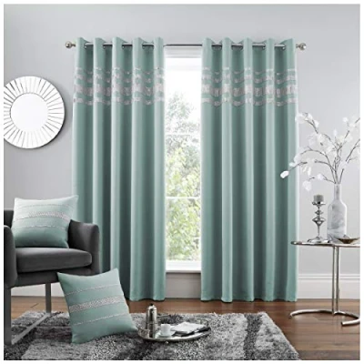 Image of GC GAVENO CAVAILIA Blackout Curtains For Bedroom, Diamante Eyelet Curtains, Window Curtain Tie Backs, Duck Egg, 66x90