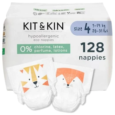 Image of Kit &amp; Kin Premium Eco Friendly and Sustainable Baby Nappies Hypoallergenic with Flash Dry High Performance Layer Vegan Chlorine Free Superior Leak Protection Size 4 128