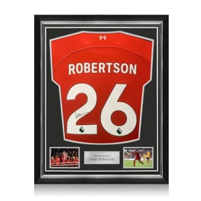 Image of Exclusive Memorabilia Andy Robertson Signed 2023 24 Liverpool Football Shirt. Superior Frame