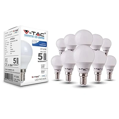 Image of VTAC E14 LED Light Bulb, Small Screw 4.4W 470lm, 40W Equivalent SES Warm White 3000K Golf Ball Energy Saving P45 220 240V, Non Dimmable, Pack of 10