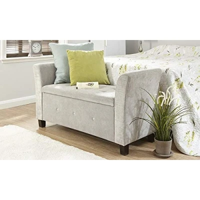 Image of Home Source A237Verona Large uttoned Luxurious Ottoman Window Storage Seat Chenille Fabric (Silver)