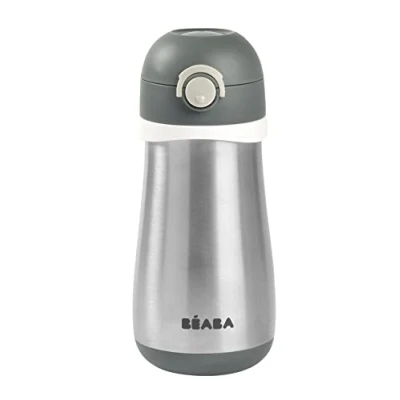 Image of BEABA, 2 in 1 Stainless Steel Bottle, Bottle/Glass Function, Push Button for Easy Opening, Solid, Healthy, Removable Handles, Cold/Hot, 350ml, Mineral Grey