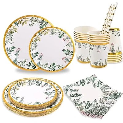 Image of CEILIWEN Green Paper Plate Set for 25 Guest, 125PCS Sage Gold Party Tableware, Supplies Include 9&#039;&#039; Dinner Plates, 7&#039;&#039; Side Disposable Cups, Straws, Napkins