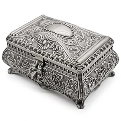 Image of AVESON Rectangle Antique Metal Jewelry Box Trinket Storage Organizer Gift Chest Ring Case with Floral Engraved for Girls Ladies Women, Large