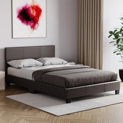 Image of Vida Designs Lisbon Small Double Bed, 4ft Bed Frame Upholstered UKFR Faux Leather Headboard Low Foot End Bedroom Furniture, Brown