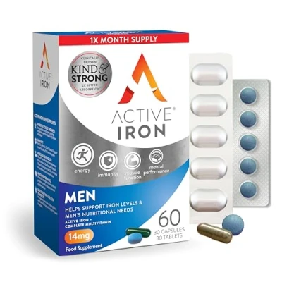 Image of Active Iron Men 30 Capsules &amp; Multivitamin Tablets Supplement with Zinc, Vitamin C, D and High Dose B Vitamins 1 Month Supply
